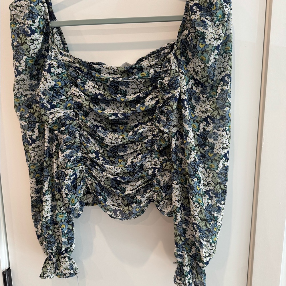 Astr Blue and Green Floral Ruched Blouse
